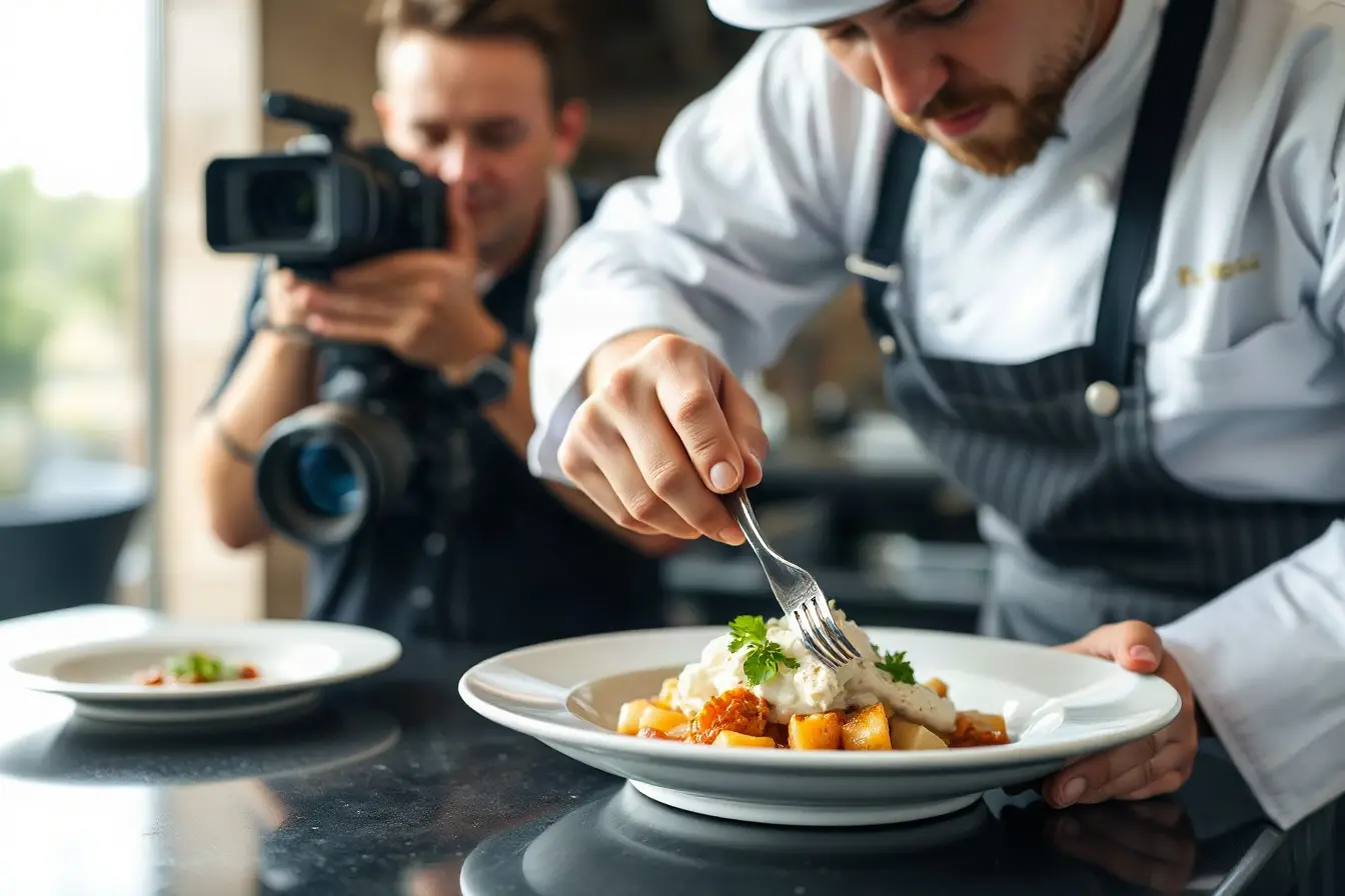 Chef plating a dish while a videographer captures a close-up