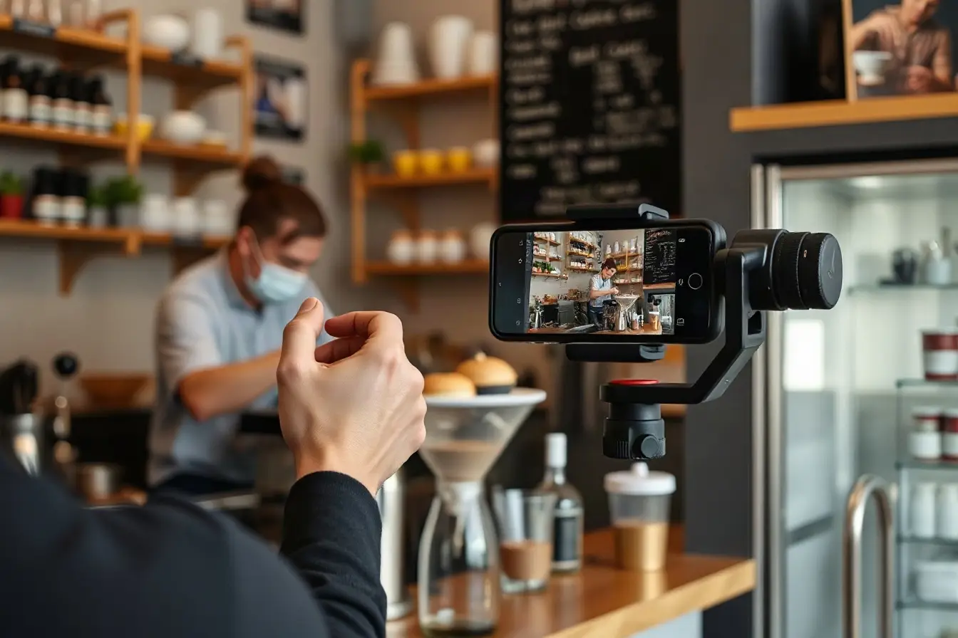 Videographer filming a barista making coffee with a vertical gimbal