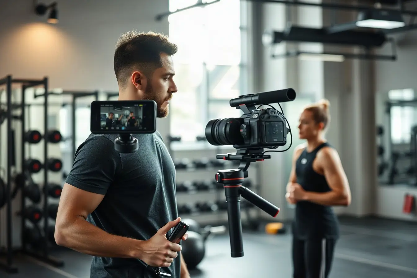 Fitness trainer being filmed for social media reels